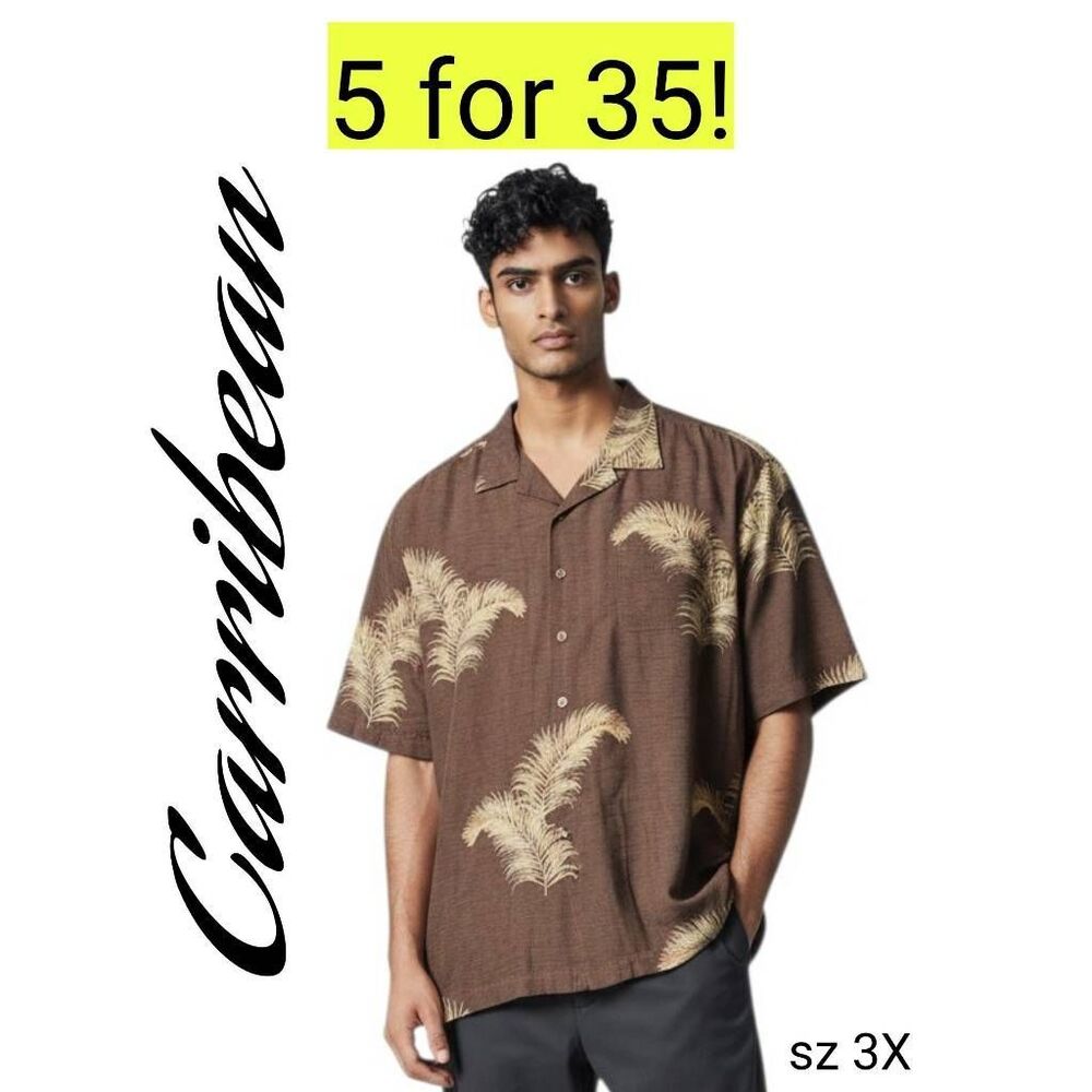 Caribbean Brown Neutral Silk Blend Hawaiian Short Sleeve Shirt Clearance